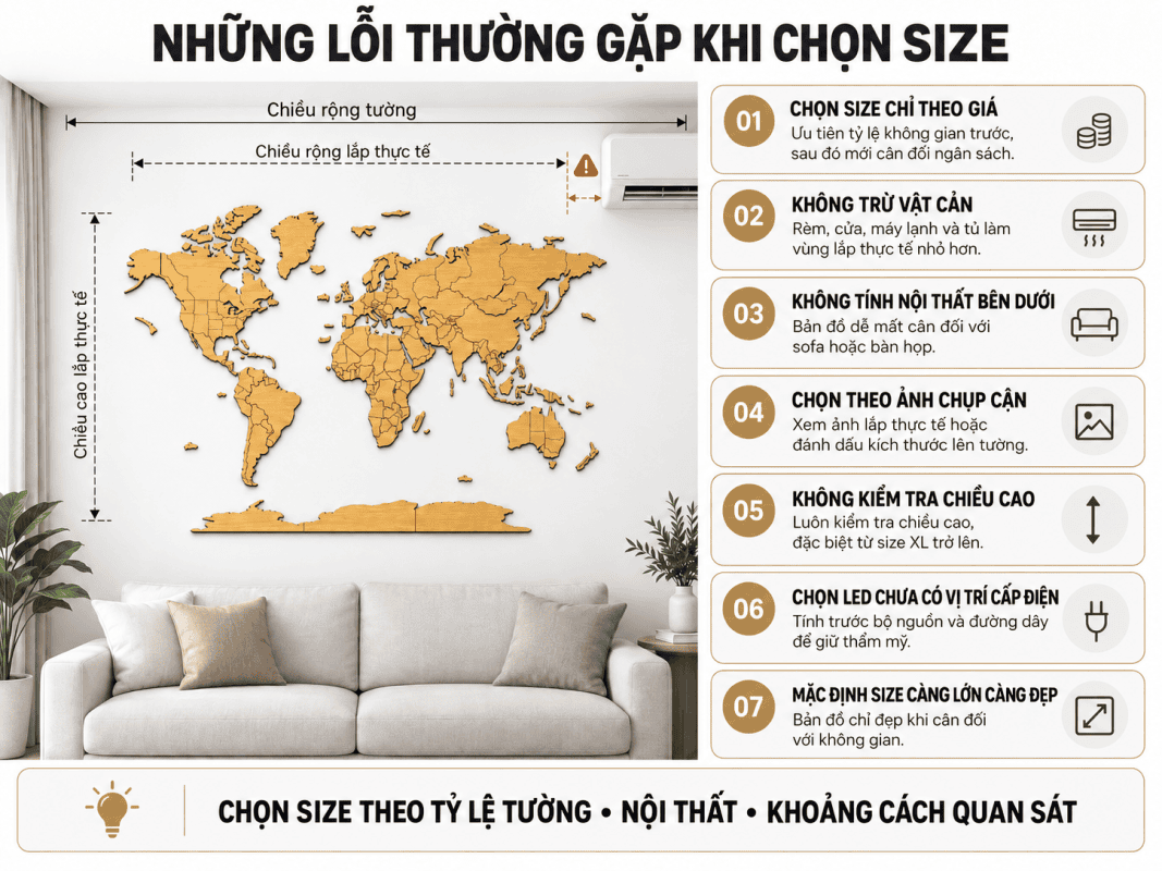 Cách Chọn Kích Thước Bản Đồ Thế Giới Bằng Gỗ Theo Từng Size Tường 30 World map size selection guide
